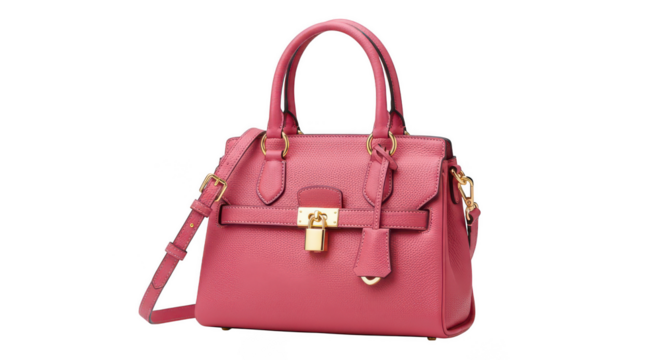 Pink purse with golden lock on transparent background