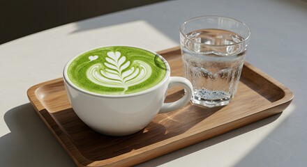 A cup of matcha latte with latte art sitting on a wooden tray next to a glass of water under bright light