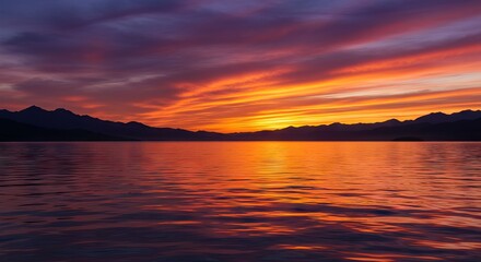 A sunset over a body of water silhouetted mountains in the background a gradient of orange red and purple in the sky and its reflection on the water