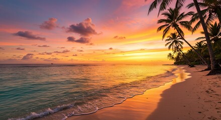 A sunset at the beach with palm trees on the right side and sea on the left the sky is covered in clouds and light reflections are visible on the water