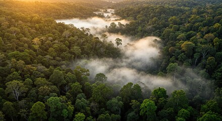 Aerial view of a lush rainforest with lowlying fog filling the valleys illuminated by golden sunlight