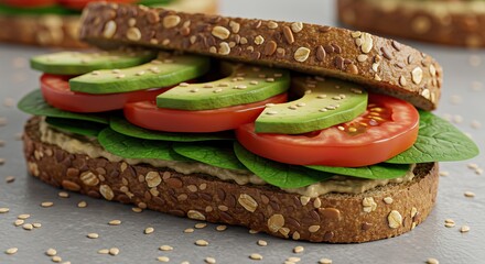 Closeup of a wholegrain sandwich showcasing avocado tomatoes spinach on a speckled surface