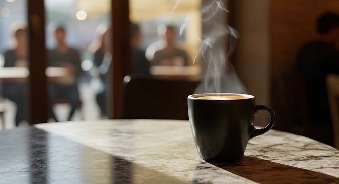 Coffee cup on marble table with blurred background figures and steam