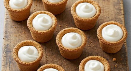 Cupcakes with white cream filling are arranged on a wood surface
