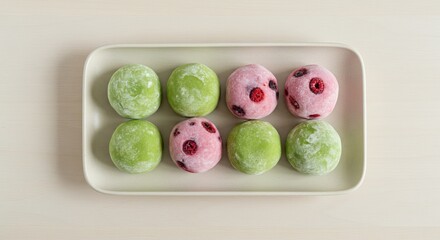 Eight mochi on a plate four green and four pink berryfilled