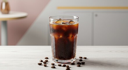 Glass of iced coffee with scattered coffee beans on a wooden surface