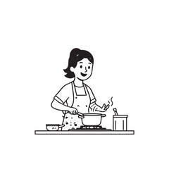 Black and White Vector Illustration of a Smiling Woman Cooking in Kitchen with Apron and Headband