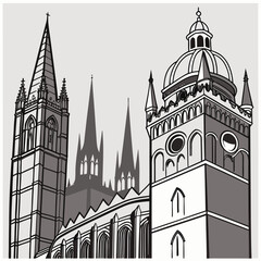 Fototapeta premium Architectural Silhouette: A black and white illustration of a magnificent cathedral, showcasing intricate architectural details, spires, and a grand dome that exude history and grandeur.