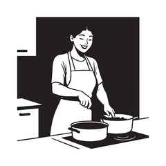 Black and White Vector Illustration of a Smiling Woman Cooking in Kitchen with Apron and Headband