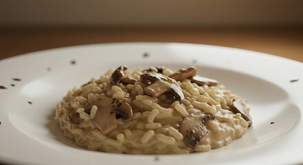 Mushroom risotto served on a white plate