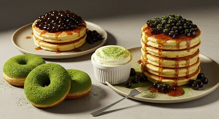 Pancake stacks with boba donuts and matchadusted cream sit on a table