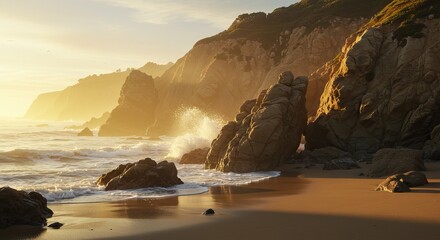 Seascape waves crash against rocks on a golden beach backed by cliffs