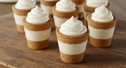 Small cups with creamy fillings and cookie edges arranged on a wooden surface