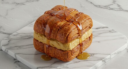 Syrup pours over a croissant sandwich with light filling resting on a square marble slab