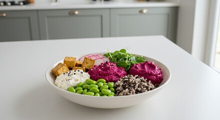 A bowl contains tofu edamame rice radish slices greens white cheese and two pink spreads on a white surface