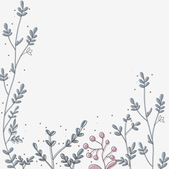 Elegant floral illustration featuring delicate stems, leaves, and buds in soft gray and pink tones, scattered with subtle brown dots, creating a serene and minimalist botanical design