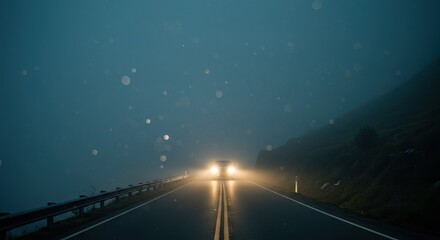 A car with headlights on a foggy road at night