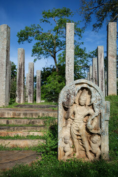 Ruins of stone columns at Thuparama Dagoba in the Mahavihara (The Great Monastery), Sacred City of Anuradhapura, Sri Lanka, Asia.