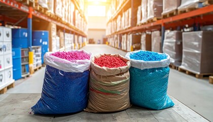 Colorful plastic granules in bags in a warehouse