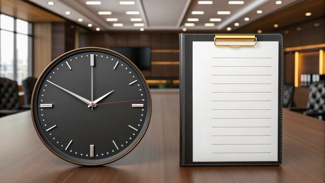 executive time allocation concept. Modern clock and clipboard on a sleek conference table.