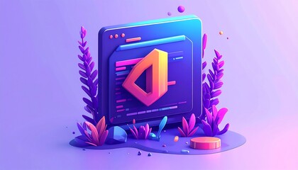 3D digital interface design with vibrant colors and plants