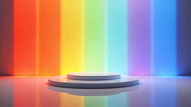 Empty white podium on rainbow flag background with spotlight for product display presentation, pride month theme