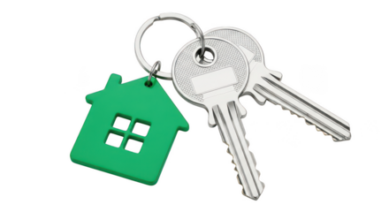 Keys with a house shaped keyring on transparent background