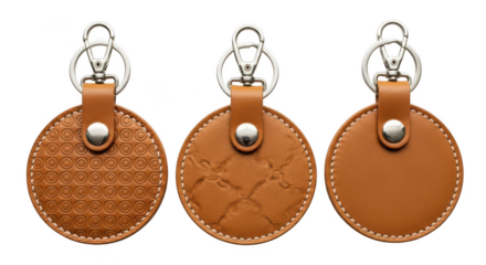 Three brown leather keychains on transparent background