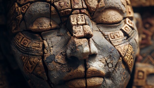 Broken terracotta statue embedded with blinking microchips and faded AI symbols