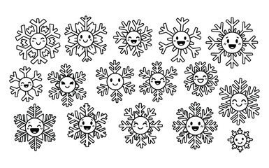 Black and white Doodle Vector art of collection of cheerful snowflakes with happy faces, , showcasing winters beauty and joy through delightful cartoon illustrations