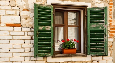 Obraz premium Vintage Wooden Window with Green Shutters and Flowers.