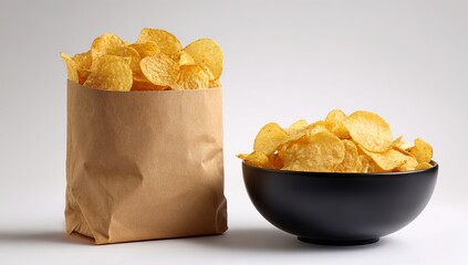 a paper packaging bag for potato chips with two sides open, filled with a small bowl of snacks on the right side and a large cup full of broken, dirty chips inside next to it. the design is minimalist