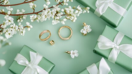 A collection of gold jewelry, including rings and earrings, arranged on a green background with white flowers and wrapped presents.
