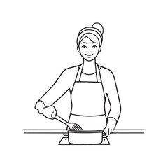 Black and White Vector Illustration of a Smiling Woman Cooking in Kitchen with Apron and Headband