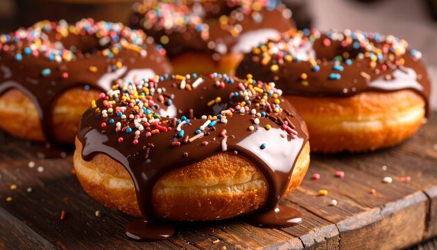 Delicious homemade chocolate frosted donuts with colorful rainbow sprinkles.