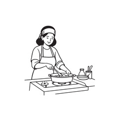 Black and White Vector Illustration of a Smiling Woman Cooking in Kitchen with Apron and Headband