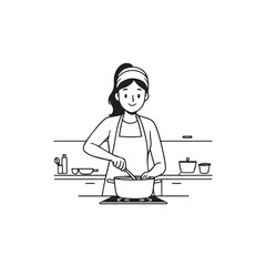 Black and White Vector Illustration of a Smiling Woman Cooking in Kitchen with Apron and Headband