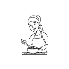 Black and White Vector Illustration of a Smiling Woman Cooking in Kitchen with Apron and Headband