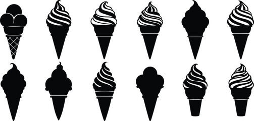 Silhouette vector illustration of ice cream cones in assorted designs, black dessert icons for summer food, sweet treat decoration, graphic element