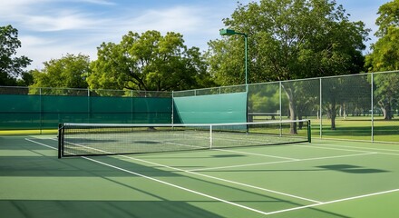 Tennis court scene with net and green surface under sunlight.