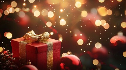 A red gift box with a gold bow on a dark background with festive lights and ornaments.