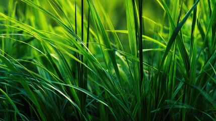 shallow. Fresh spring grass blades highlighted by sunlight with a soft, blurred effect. travel magazines, destination branding, designed for outdoor magazines and nature guides.