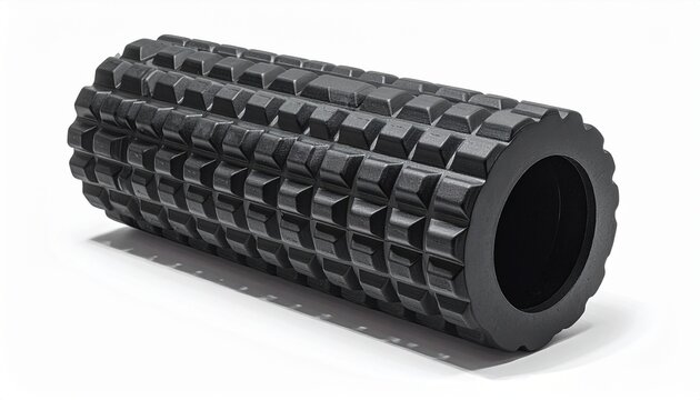 Black high density grid foam roller for physical therapy and exercise isolated on a white background. - Powered by Adobe