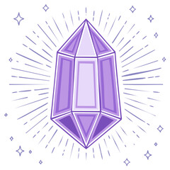 Shiny Purple Gemstone Illustration Surrounded by Sparkles and Thin Rays, Cute Cartoon Style