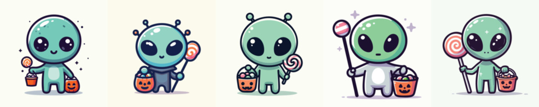 Funny Alien Halloween Vector Set &ndash; Cute Cartoon Trick or Treat Illustration Pack