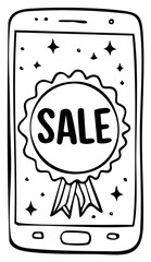 Smartphone screen featuring a sale badge and star illustrations for promotion of discounts