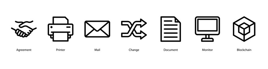 Digital Business Tools web banner icon vector illustration featuring Agreement, Printer, Mail, Change, Document, Monitor, and Blockchain for modern office operations.