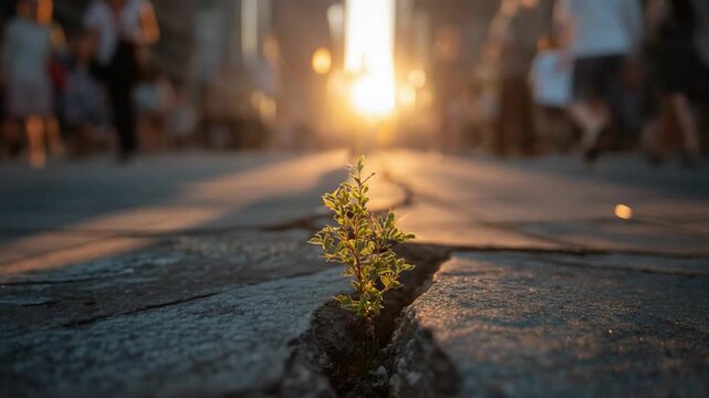 Resilient Green Sprout: A small, tenacious plant defiantly emerges from a cracked concrete surface, with pedestrians blurring in the soft-focus background.