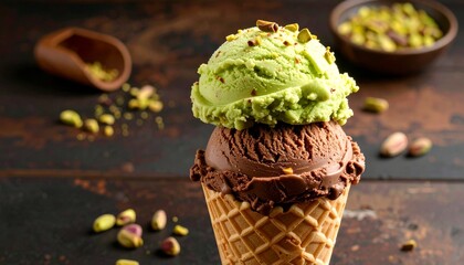 A delicious ice cream cone with scoops of pistachio and chocolate on a rustic wooden table.
