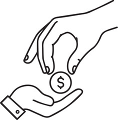 Financial support concept showing a hand giving a dollar coin to another hand, representing donation, investment, or charity in a vector design